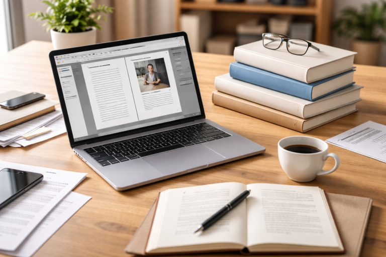 Laptop displaying formatted manuscript alongside printed pages and books on desk