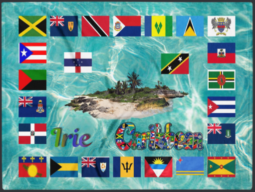 A tropical island with flags and the words "Irie Caribbean" in vibrant colours.