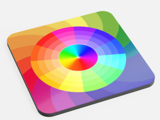 A colour wheel displaying a spectrum of vibrant colours arranged in sections.