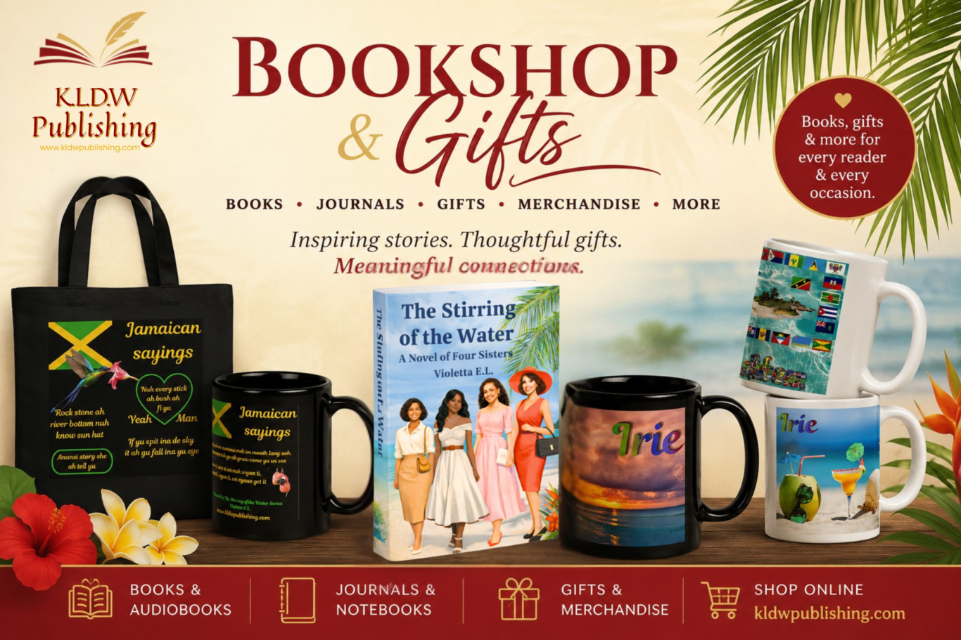 Promotional graphic for a bookshop featuring books, mugs, and gifts.
