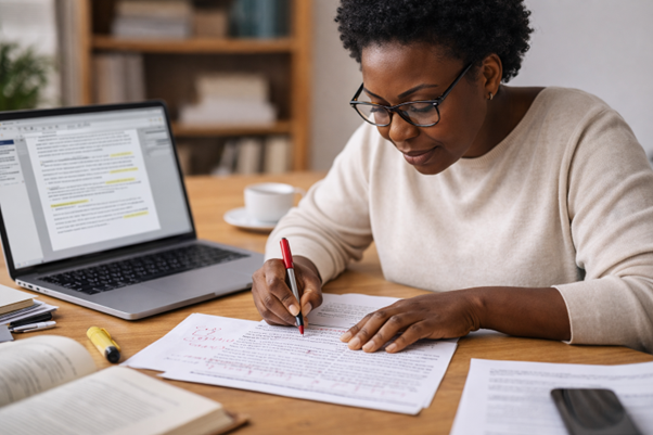 Proofreading and reviewing a printed manuscript with editorial corrections