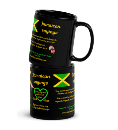 Two black mugs featuring Jamaican phrases and a green heart design.