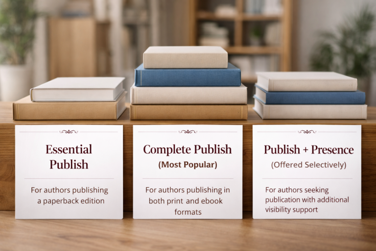 Publishing packages for independent authors including Essential Publish, Complete Publish and Publish + Presence