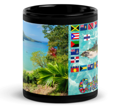 Black mug featuring a scenic view with flags representing various countries.