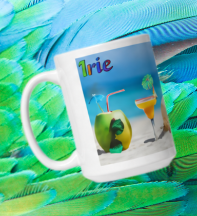 White mug featuring tropical drinks and the word "Irie" against a vibrant beach background.