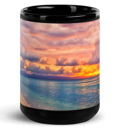 Black mug featuring a vibrant sunset over calm water and clouds.