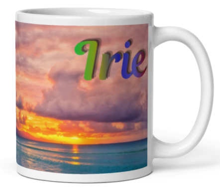 Mug featuring a sunset over the ocean with the word "Irie" in colourful letters.