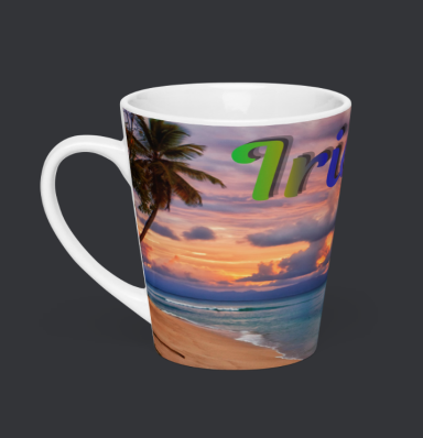 White mug featuring a beach scene with palm tree and sunset, branded "Tropical".
